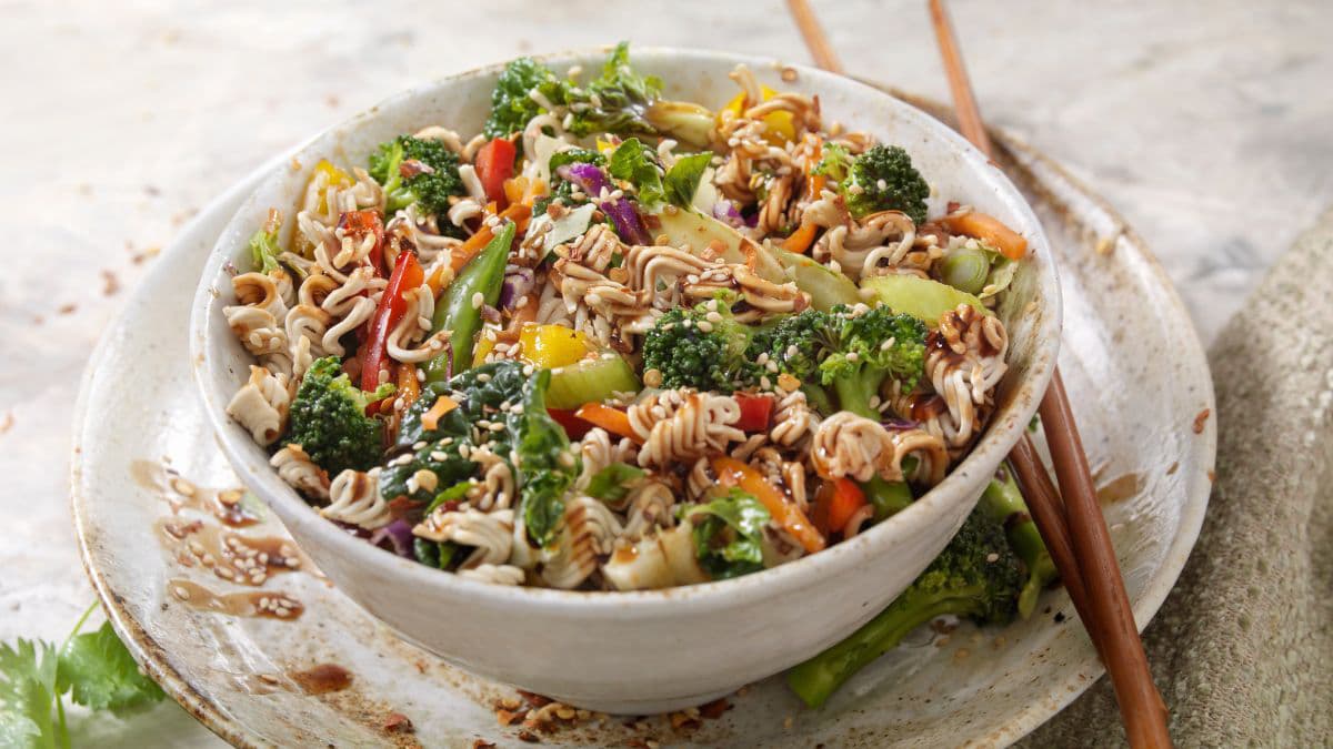 Ramen salad in a white bowl