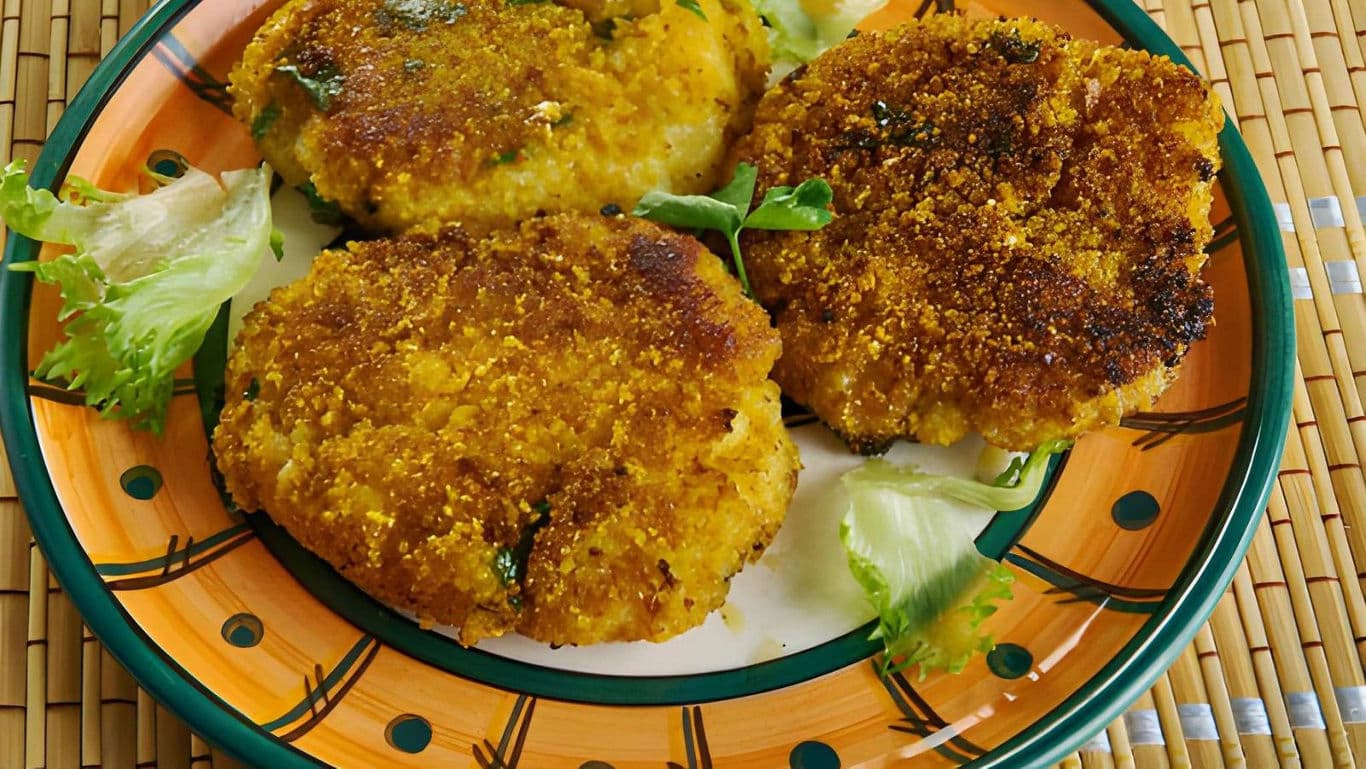 Golden vegetable patties served on decorative plate