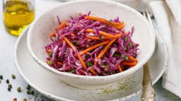 Bowl of red cabbage coleslaw with carrots