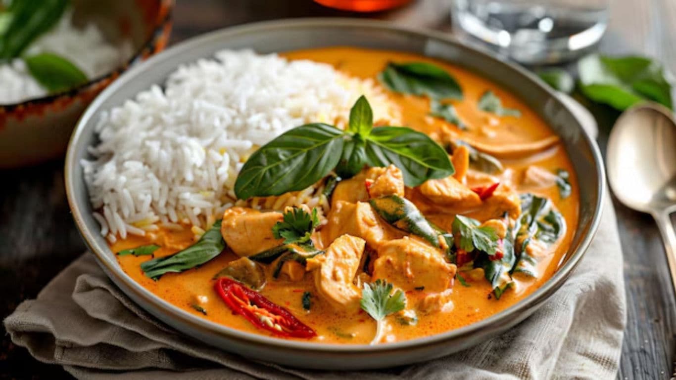 Thai red curry chicken with steamed rice and herbs