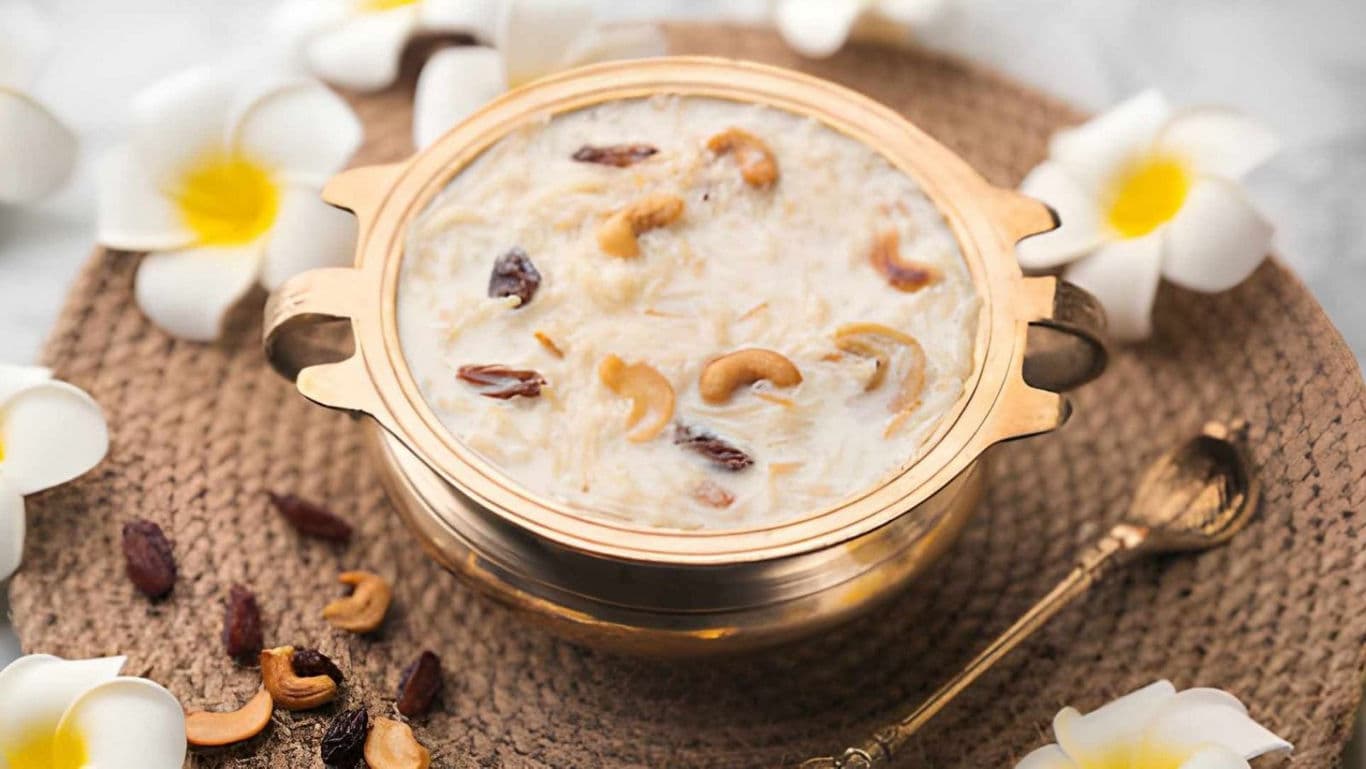 Traditional Indian Payasam in Brass Bowl with Cashews