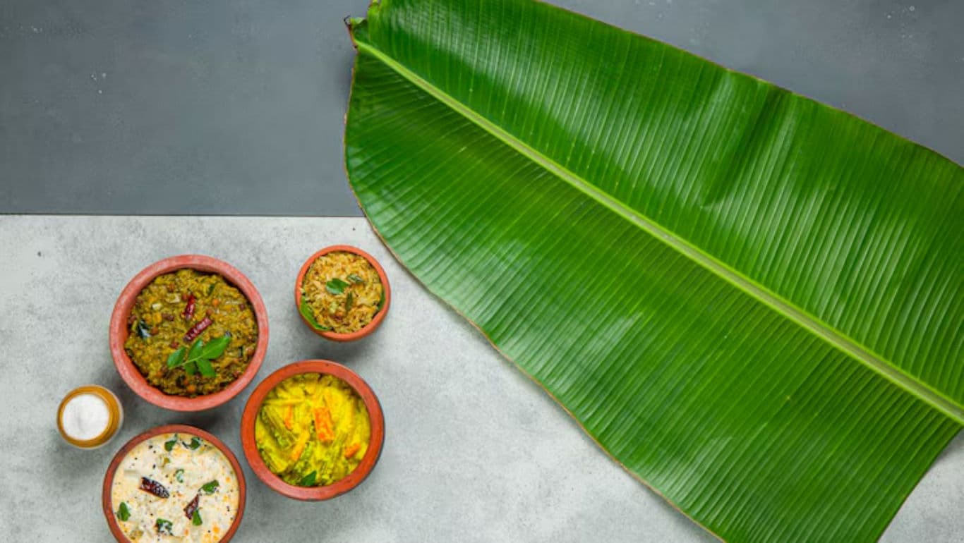 Traditional Indian meal served on banana leaf