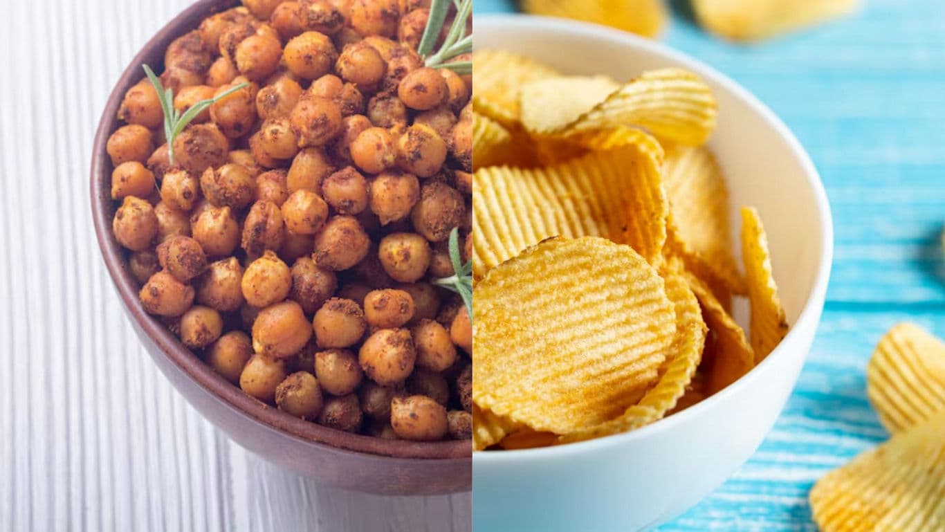 Spiced Chickpeas and Potato Chips in Bowls