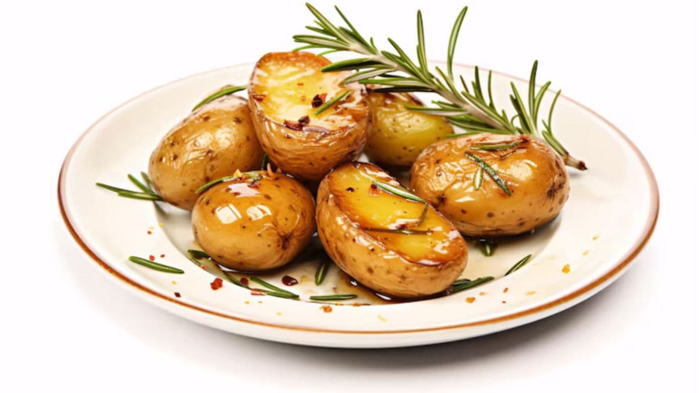 Roasted baby potatoes with rosemary garnish