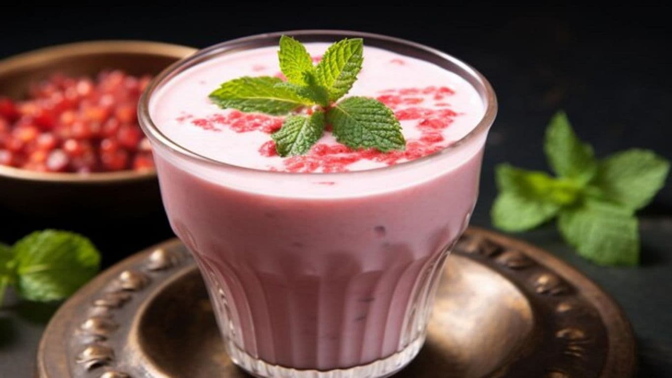 Chilled Pomegranate Yogurt Smoothie with Mint Garnish