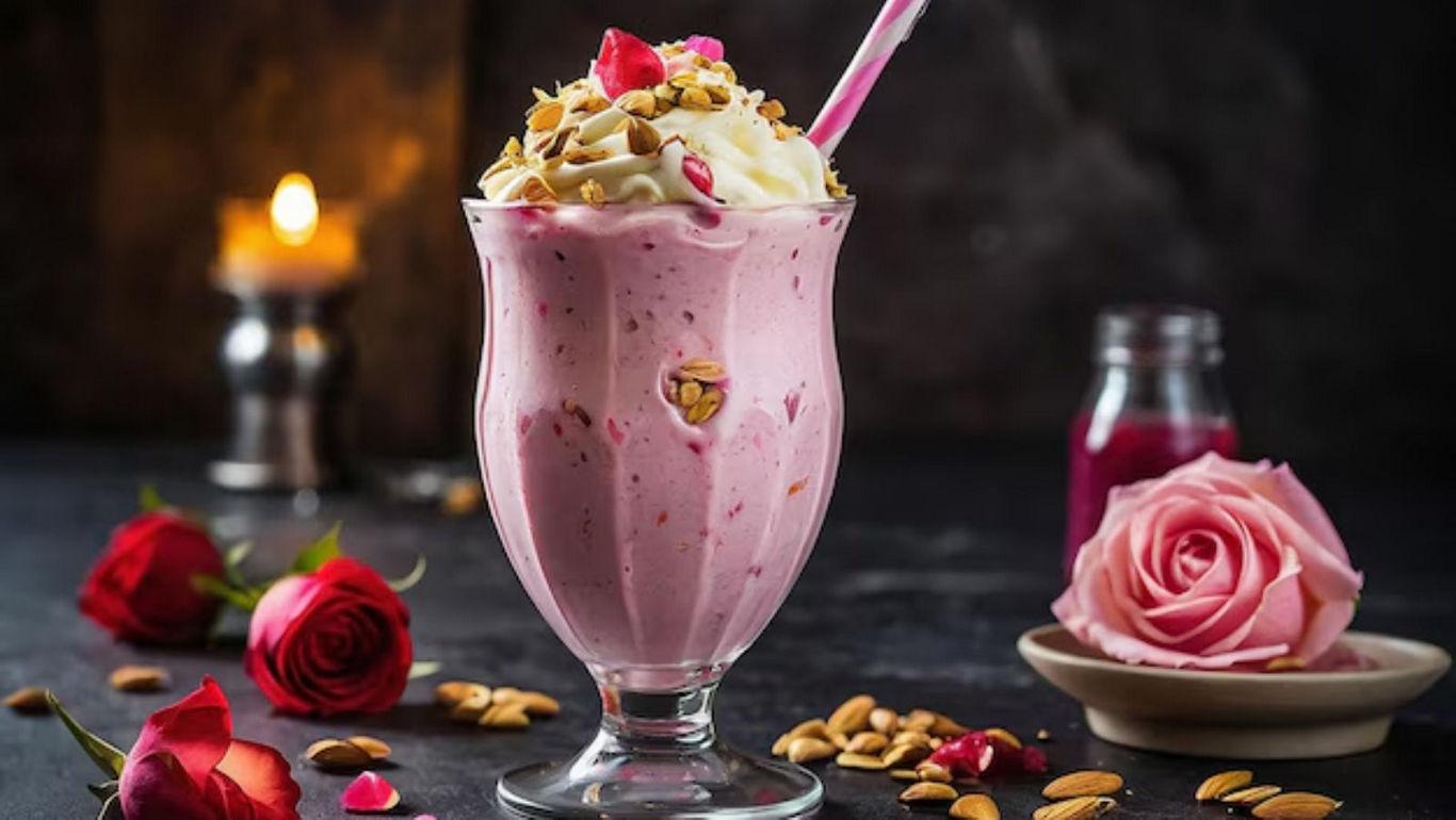 Pink milkshake with whipped cream and nuts