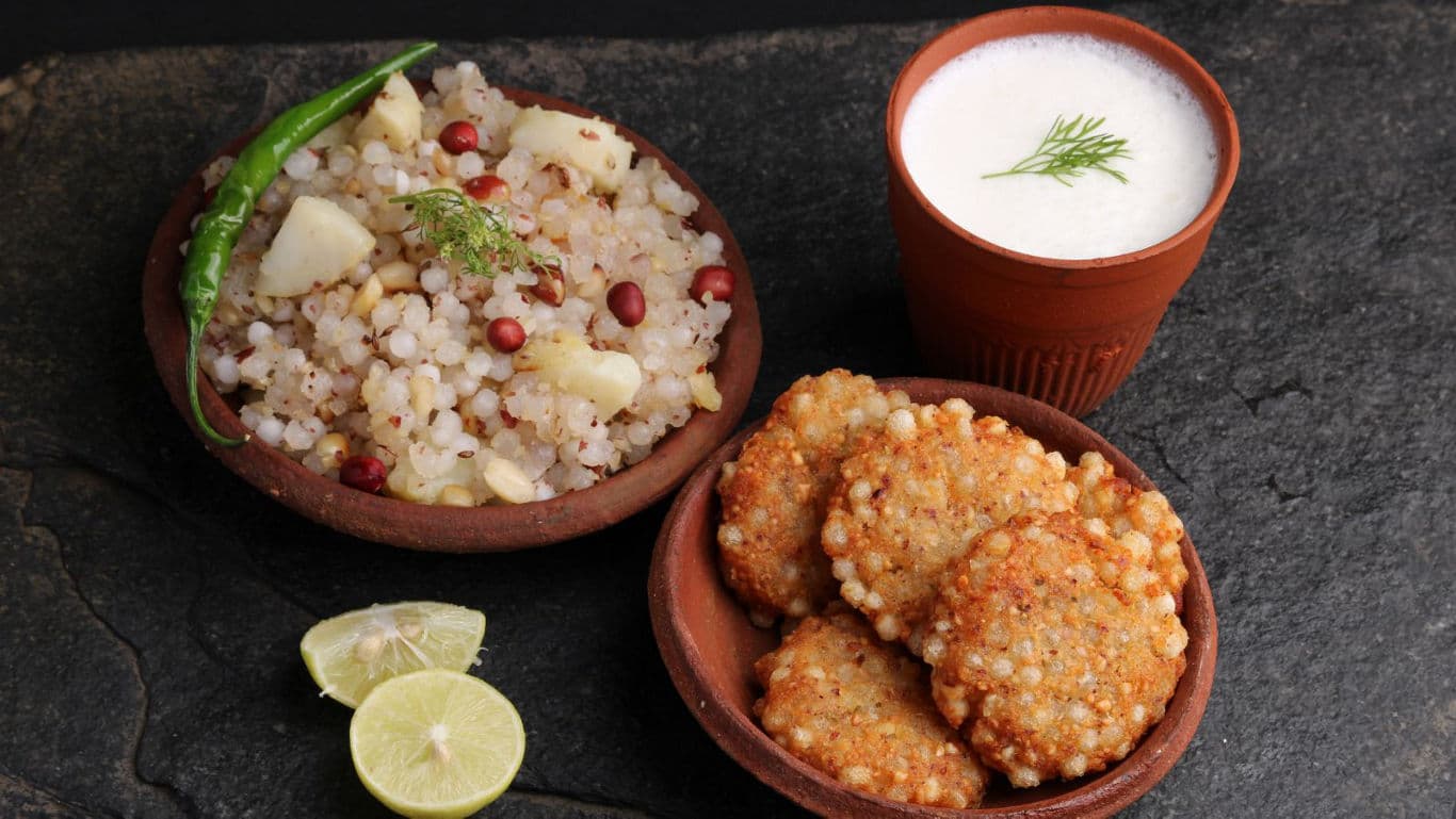 Traditional Indian Sabudana Khichdi and Vada with Buttermilk