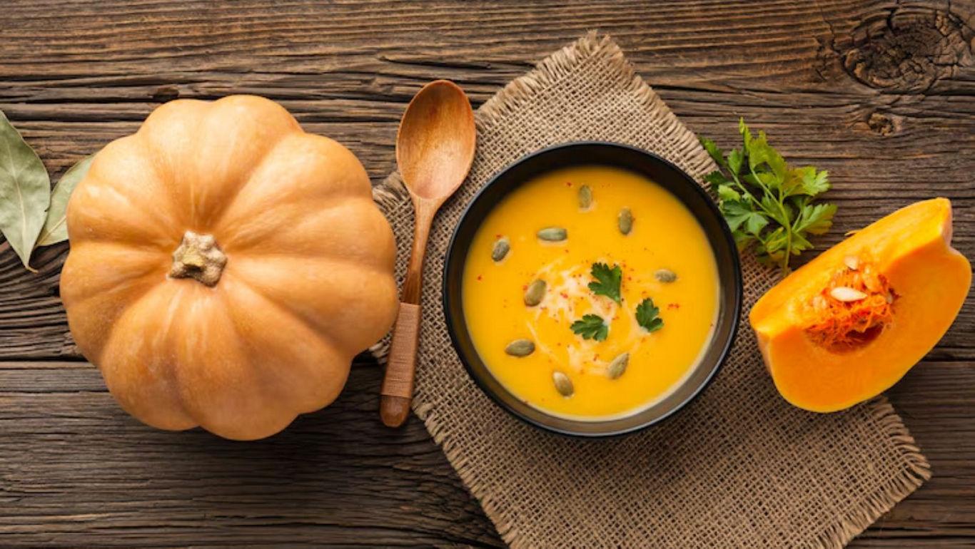 Pumpkin soup with seeds and garnish