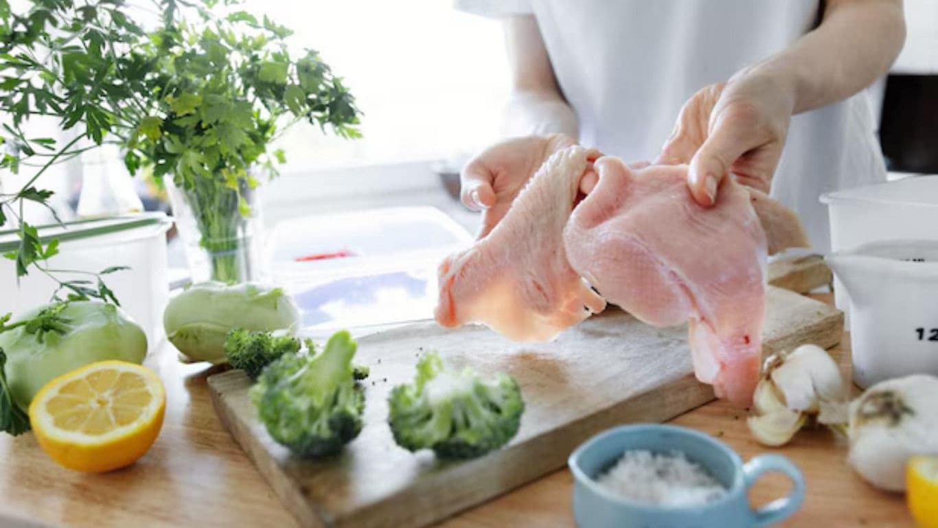 Fresh chicken breasts prepared with vegetables and herbs