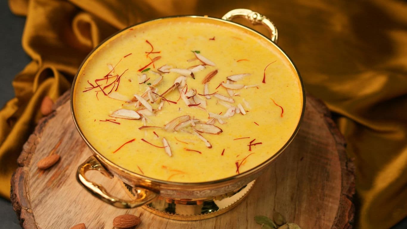 Traditional Indian Kesar Badam Milk in Brass Bowl