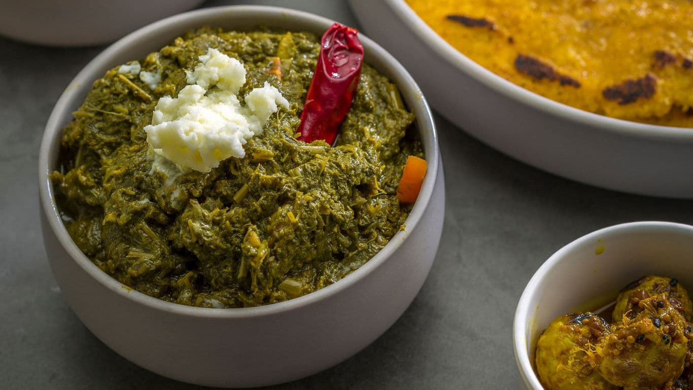 Traditional Indian Saag with Red Chili Garnish