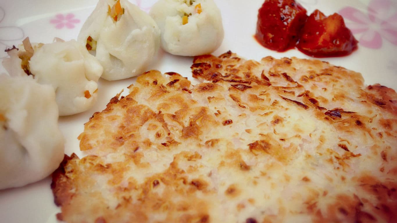 Indian Flatbread with Steamed Dumplings and Chutney