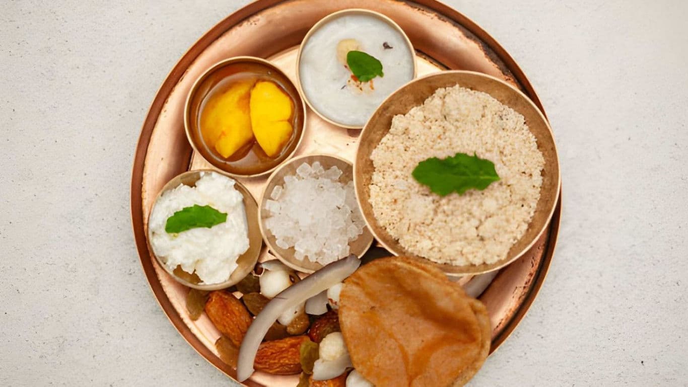 Traditional Indian fasting meal served on copper plate
