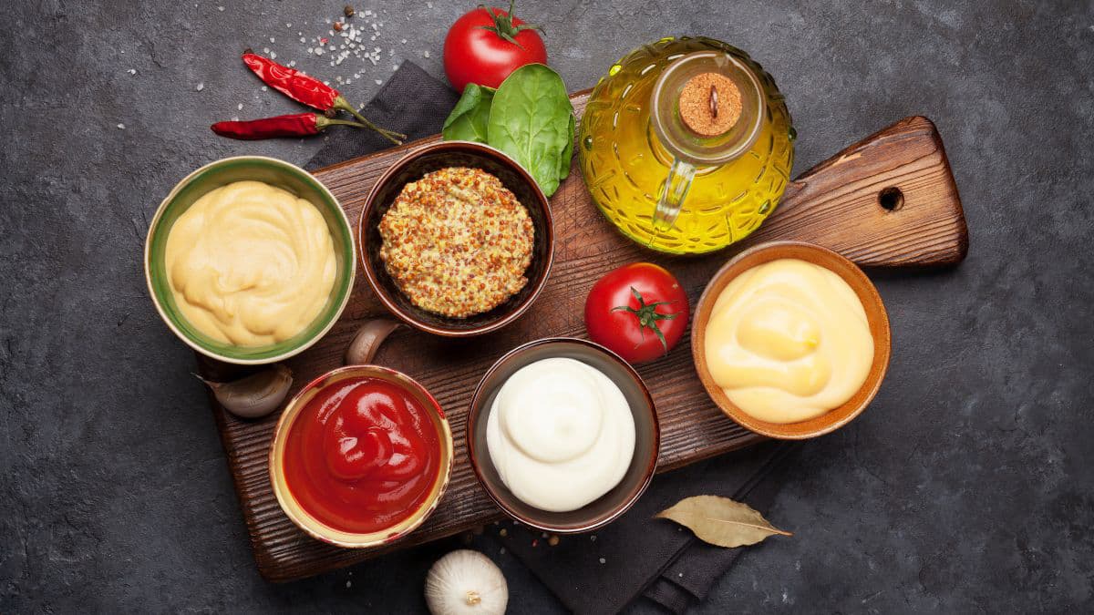 a tray of sauces