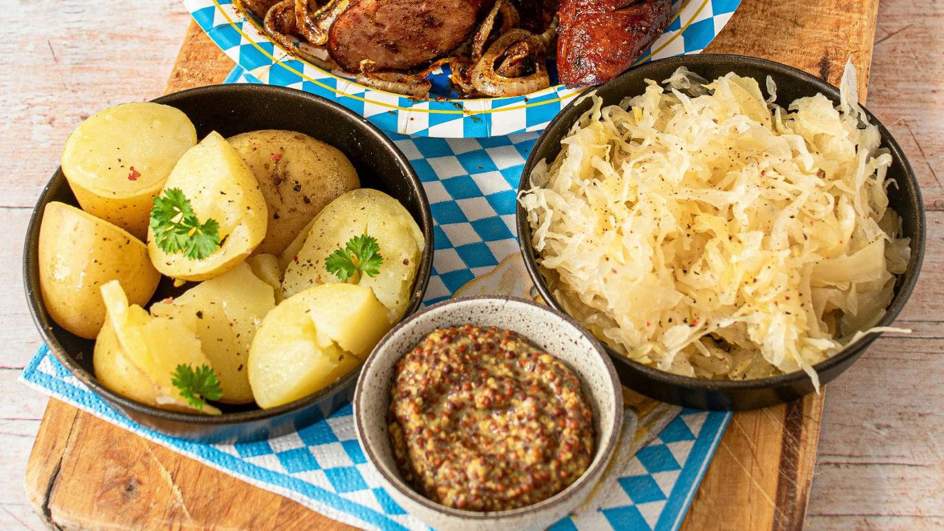 Traditional German meal with potatoes and mustard