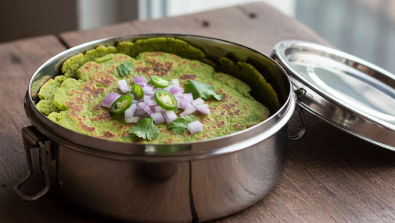 Green flatbread in stainless steel container