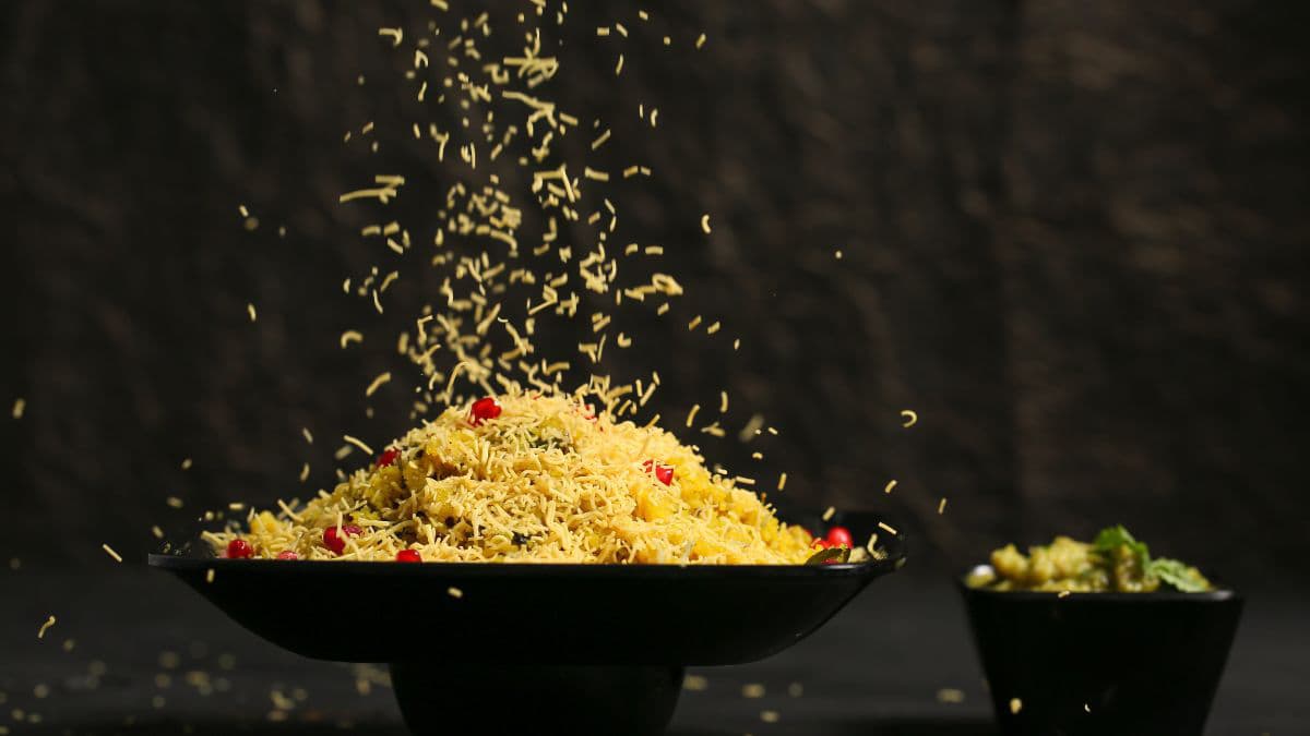 Sev sprinkled on Sev Khamani