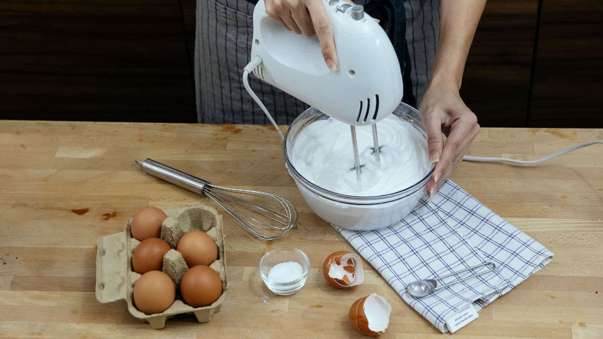 Egg whites being whipped as per the meringue recipe.
