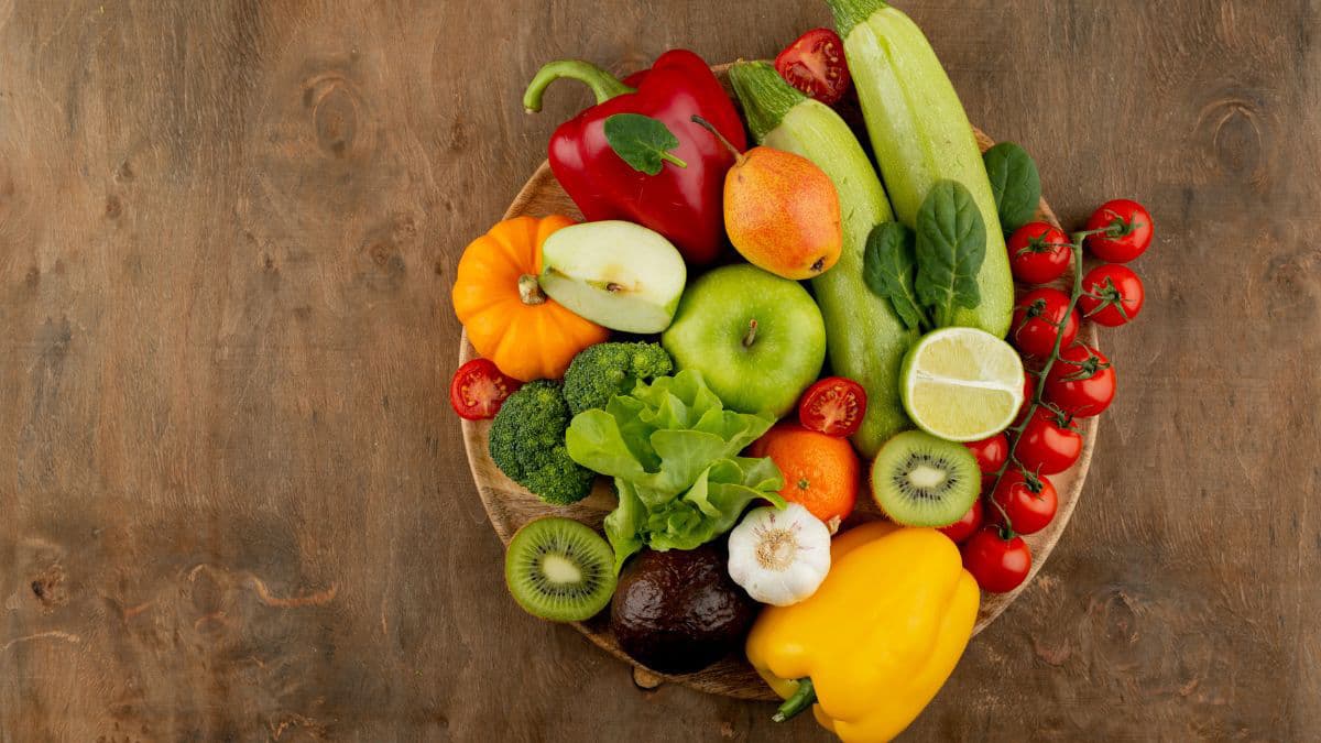 Flat lay delicious vegetables and fruits