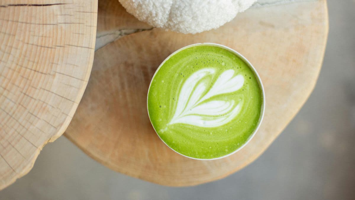 hot matcha latte in a cup.