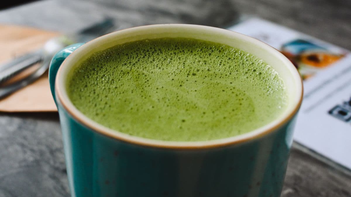 A close-up of matcha ginger tea.