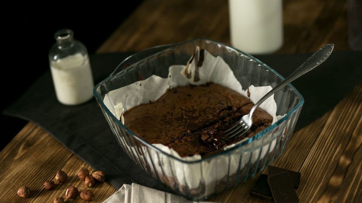 Chocolate brownie in a glass dish