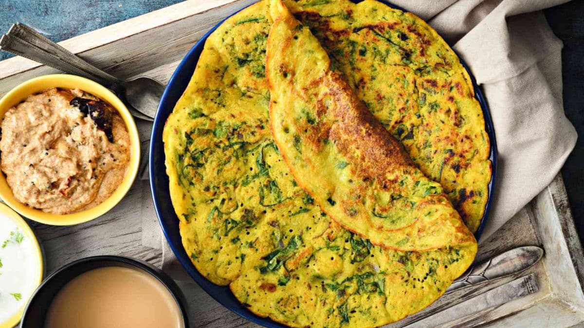 Besan chilla with chutneys.