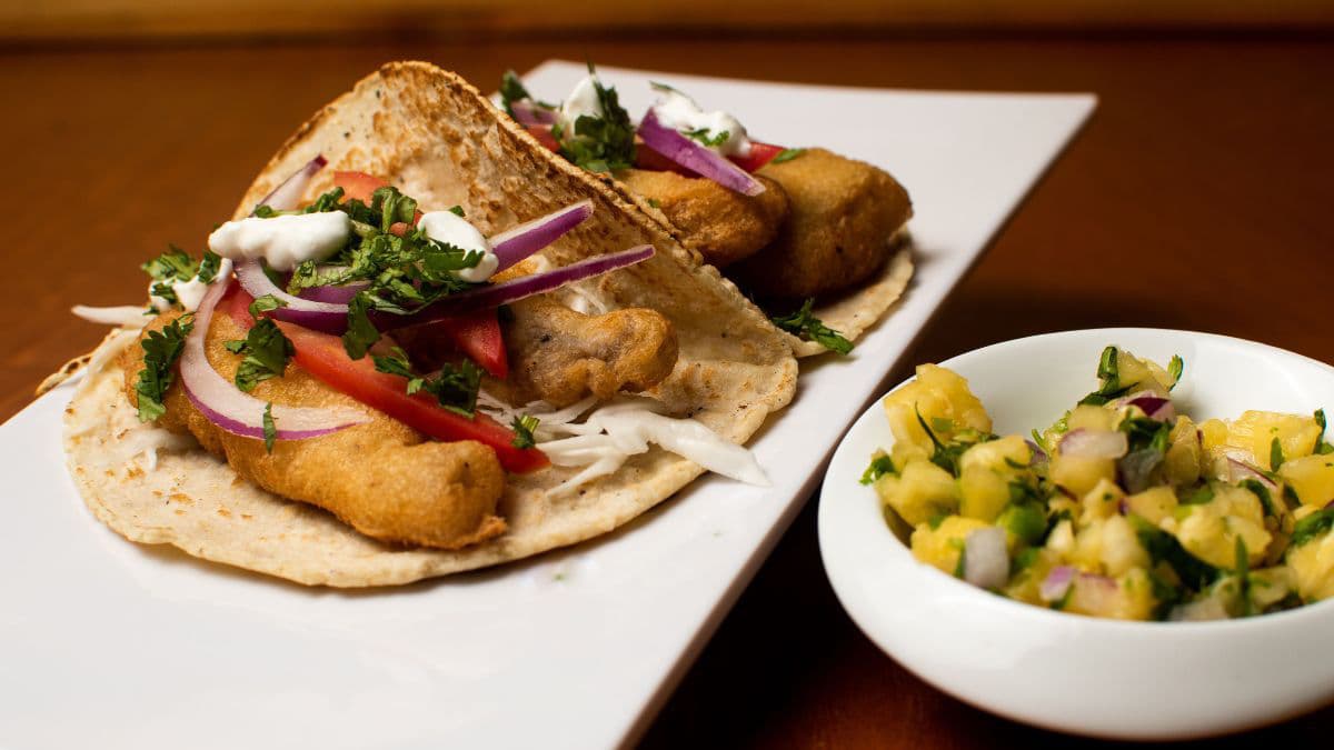 beer-battered fried fish tacos.