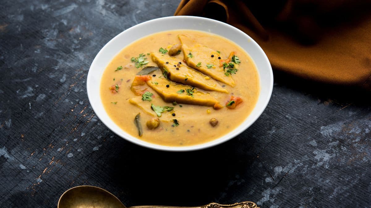 Dal Dhokli in a white bowl