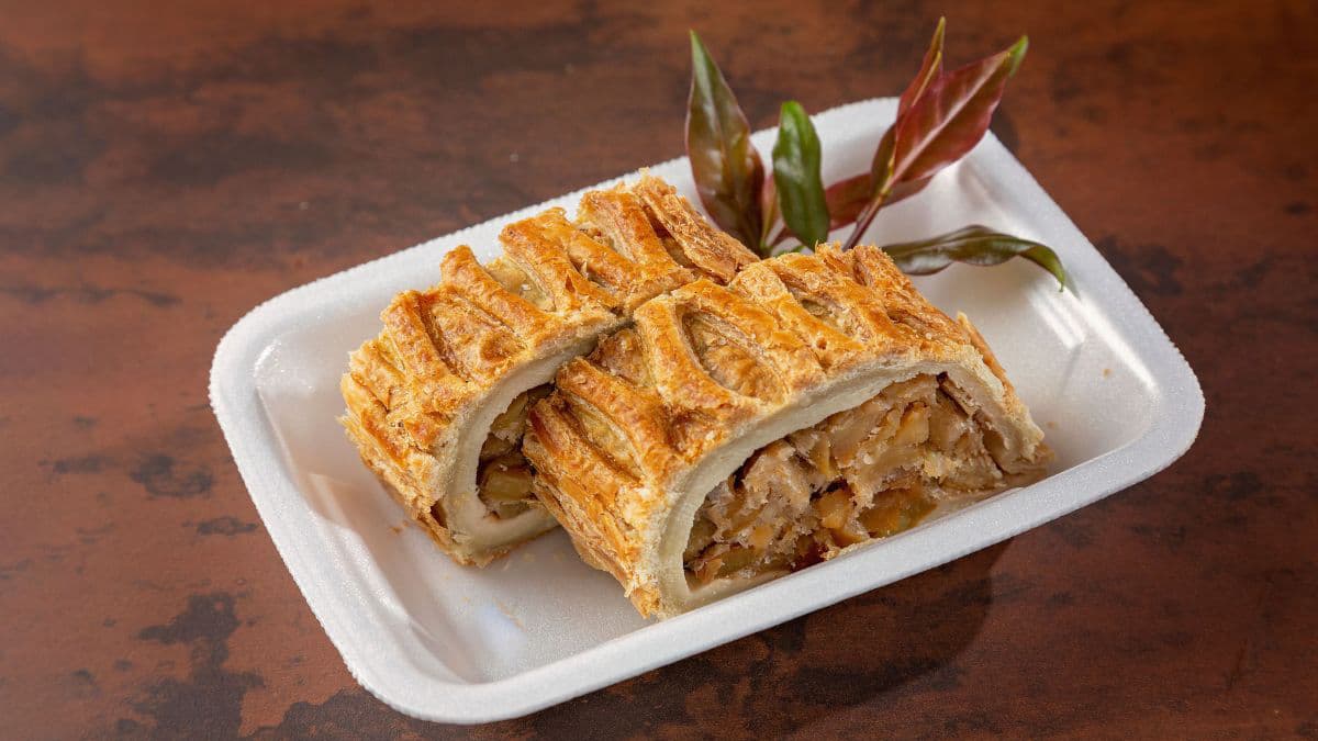 Peach strudel served on a plate