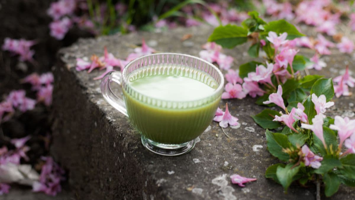 Honey almond match tea in a cup.
