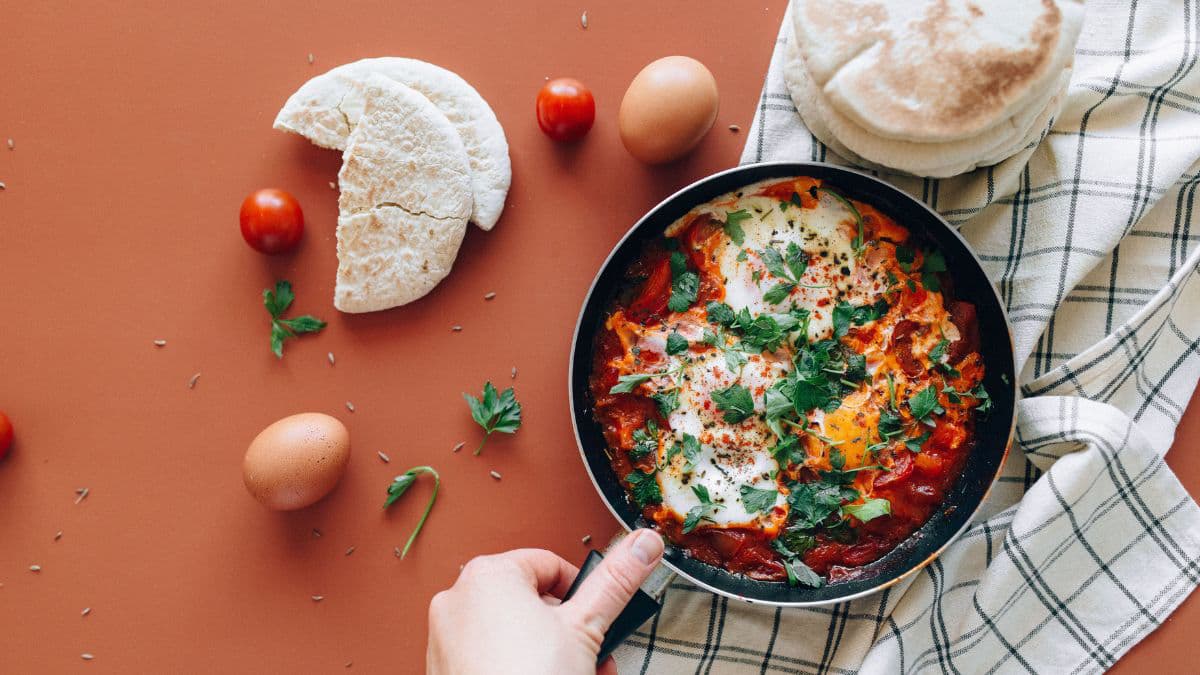 Traditional shakshuka in a skillet 
