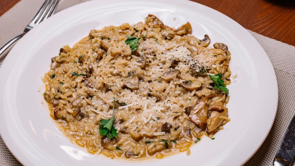 Parmesan-topped mushroom risotto bowl 