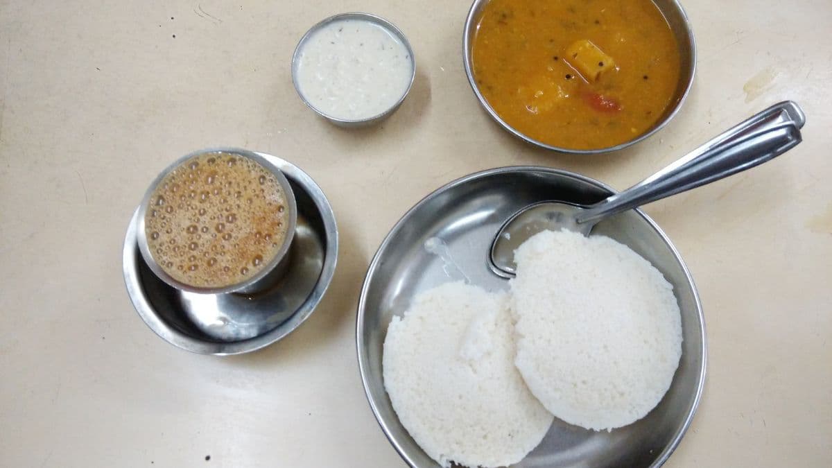 Idli sambar served with filter coffee
