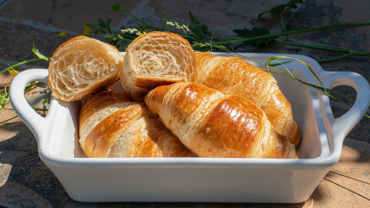 Flaky croissant layers with airy honeycomb crumb 