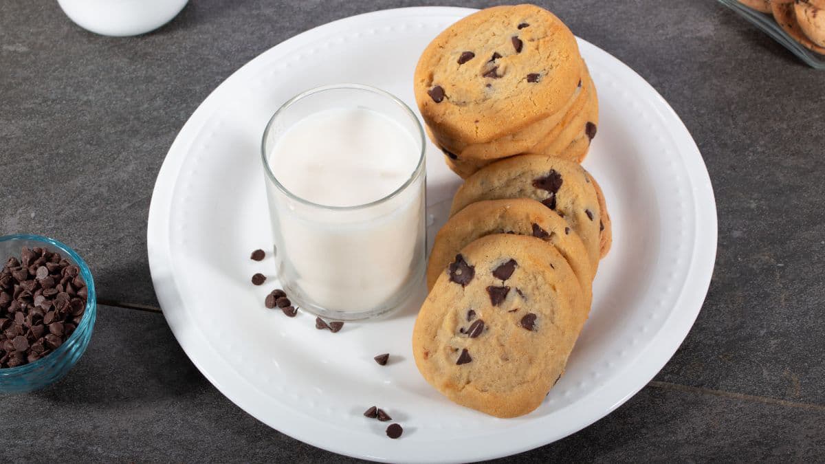 Chocolate chip cookies served with milk for World Chocolate Day