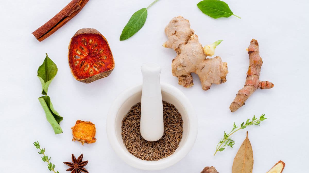 Spices and herbs spread around. 