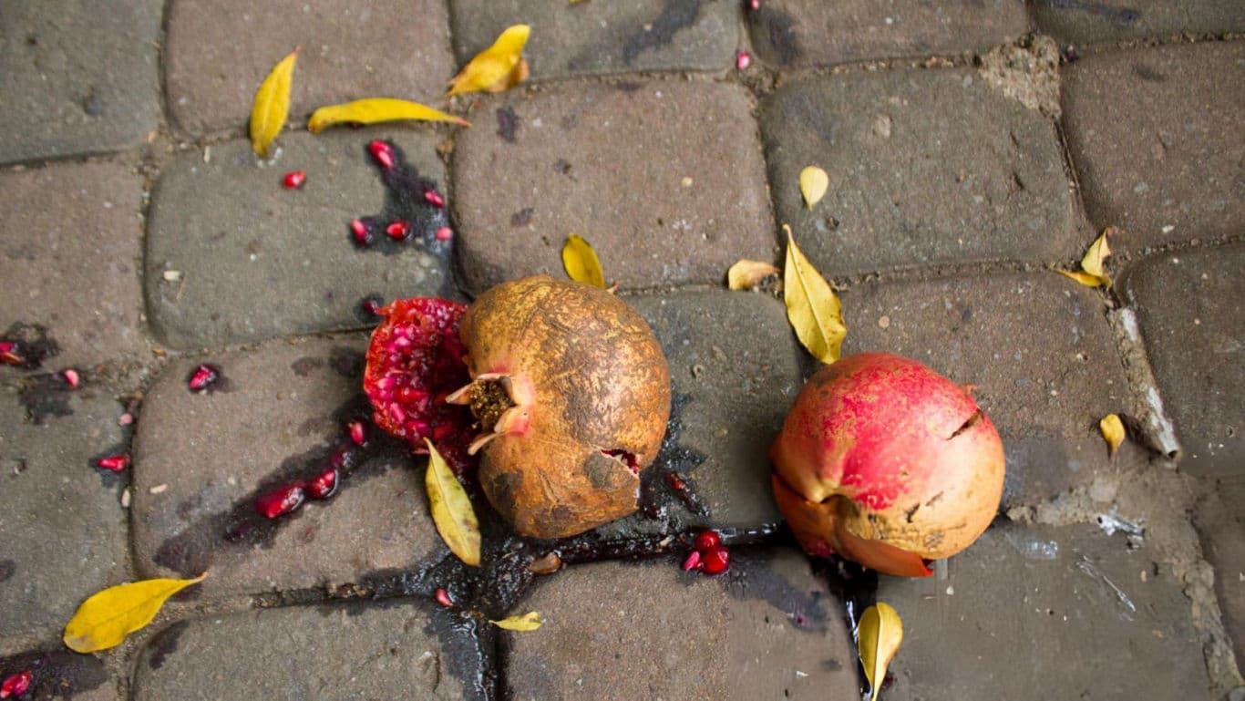 Smashed pomegranates on cobblestone pavement