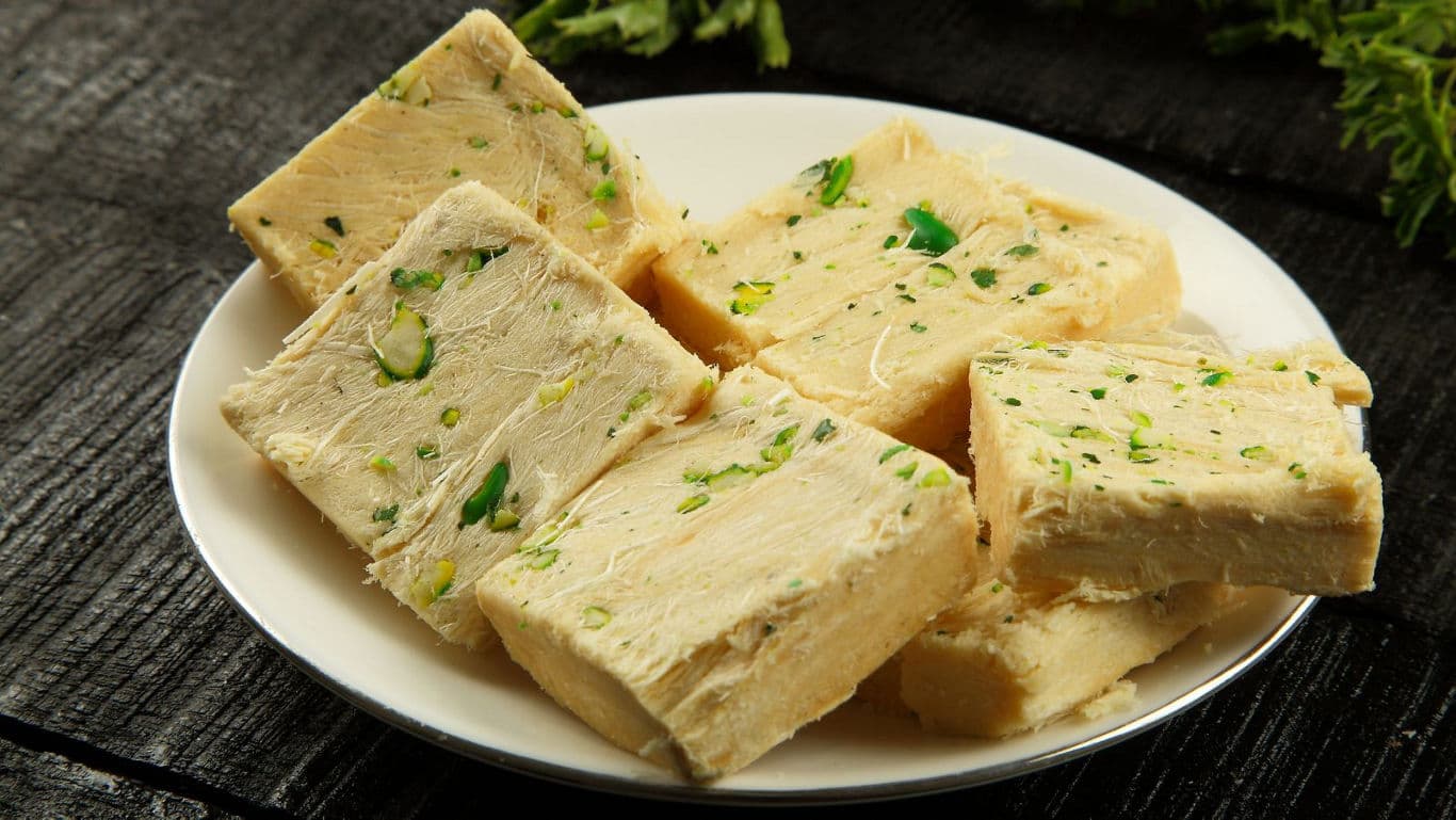 Plate of pistachio Indian milk fudge squares