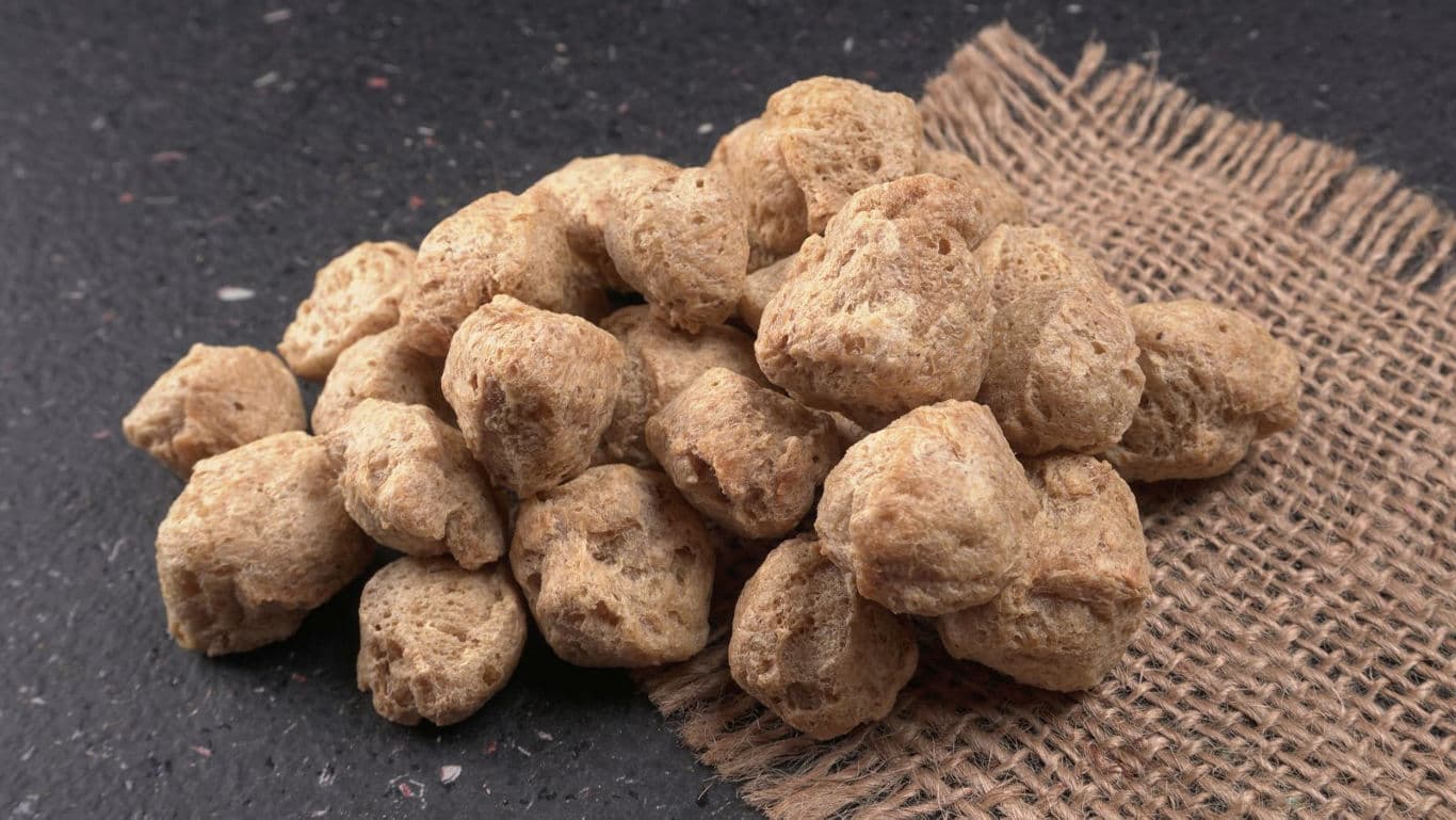 Pile of textured soy protein on burlap
