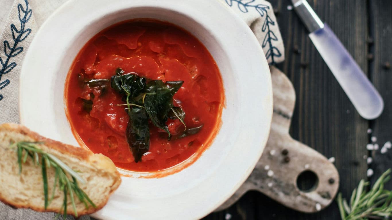Spanish gazpacho in a shallow bowl.