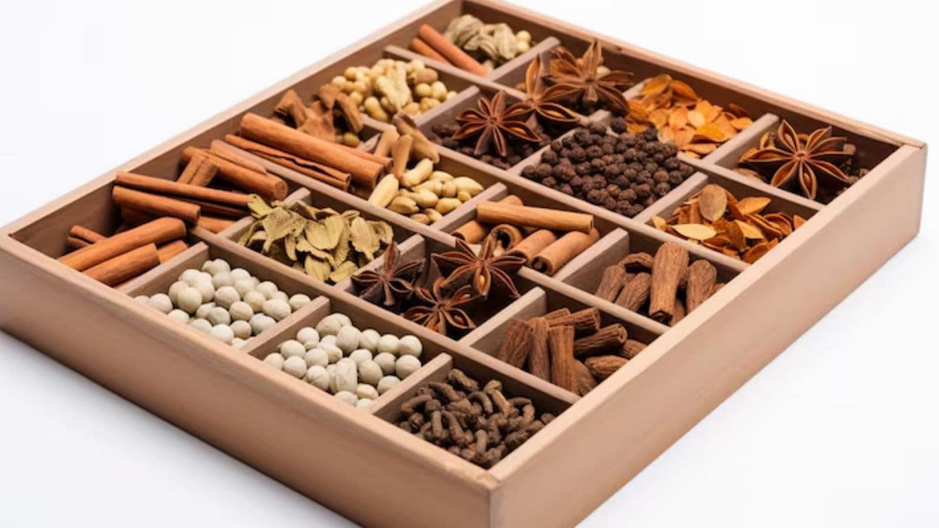 Assorted Whole Spices in Wooden Organizer Box