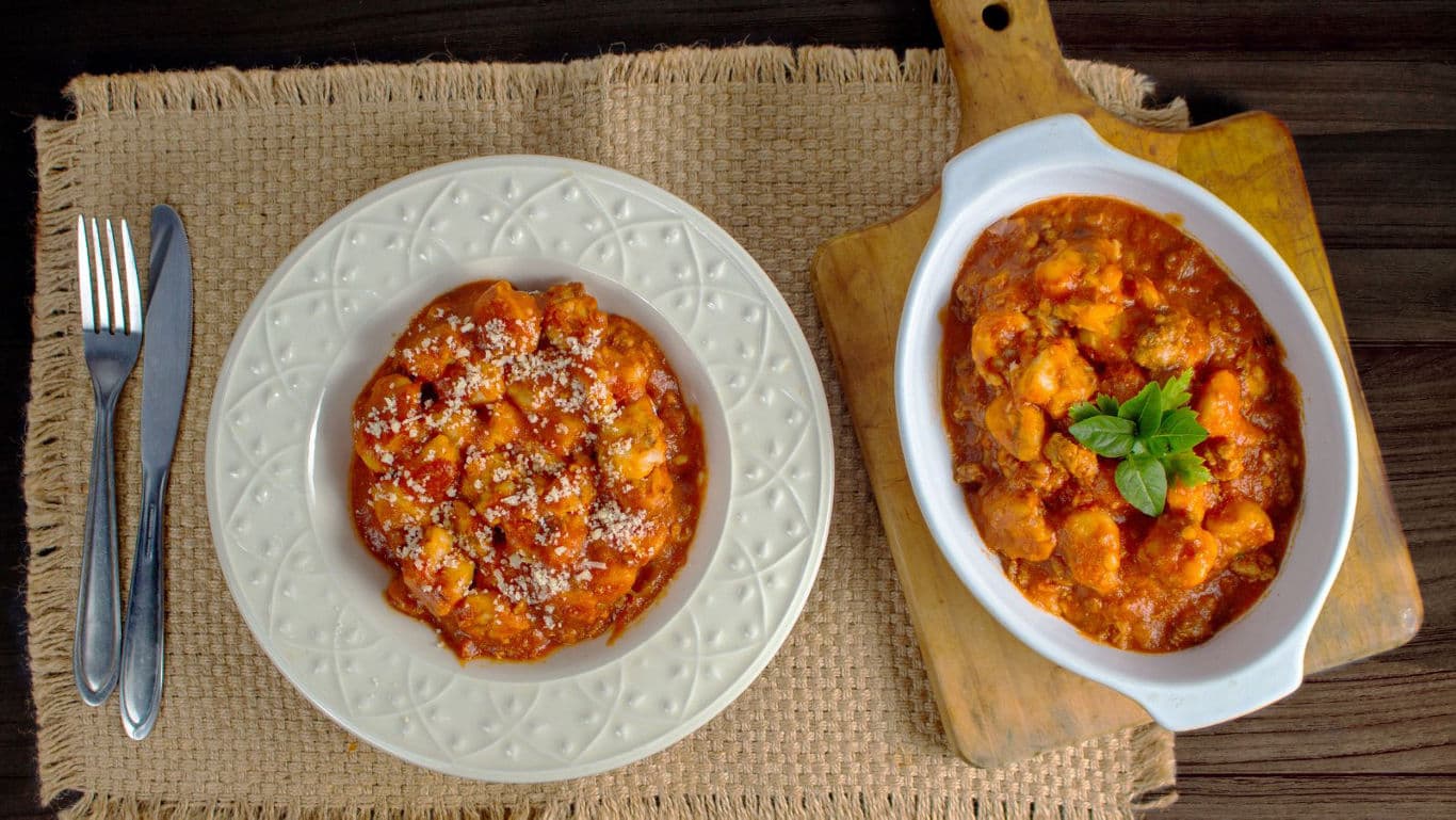 Rustic gnocchi in tomato sauce overhead