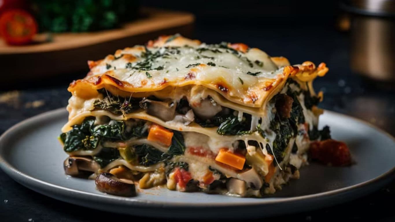 Vegetable lasagna slice with melted cheese