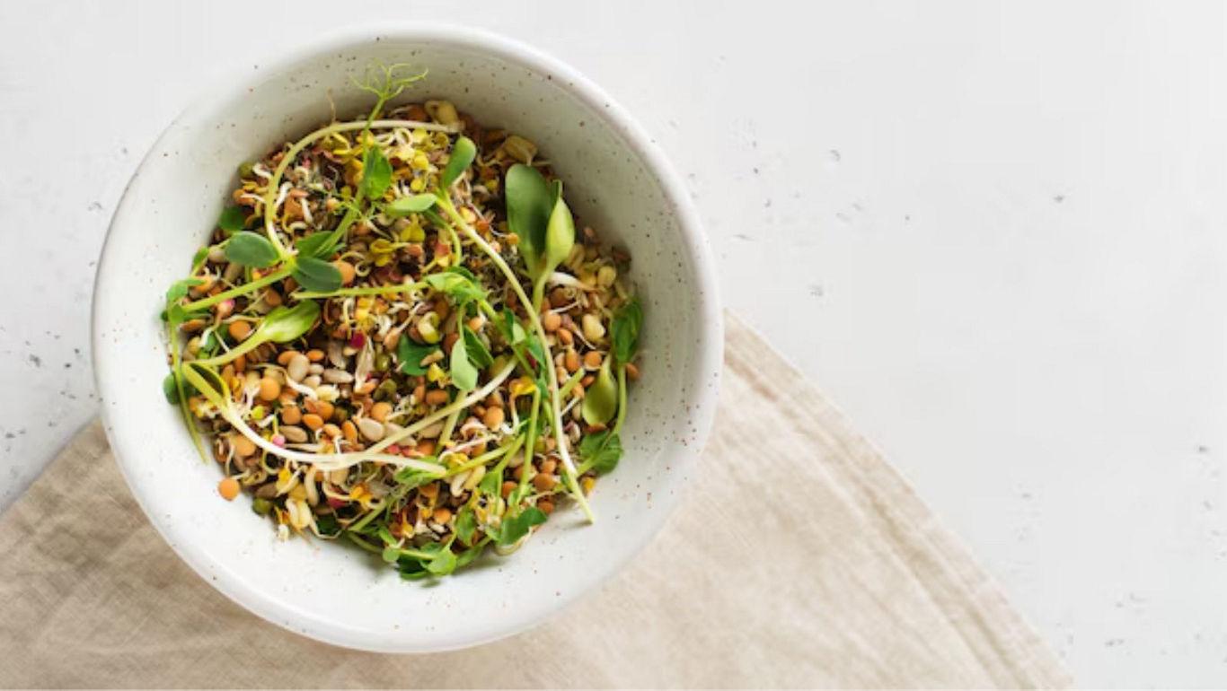 Fresh sprout salad in white bowl