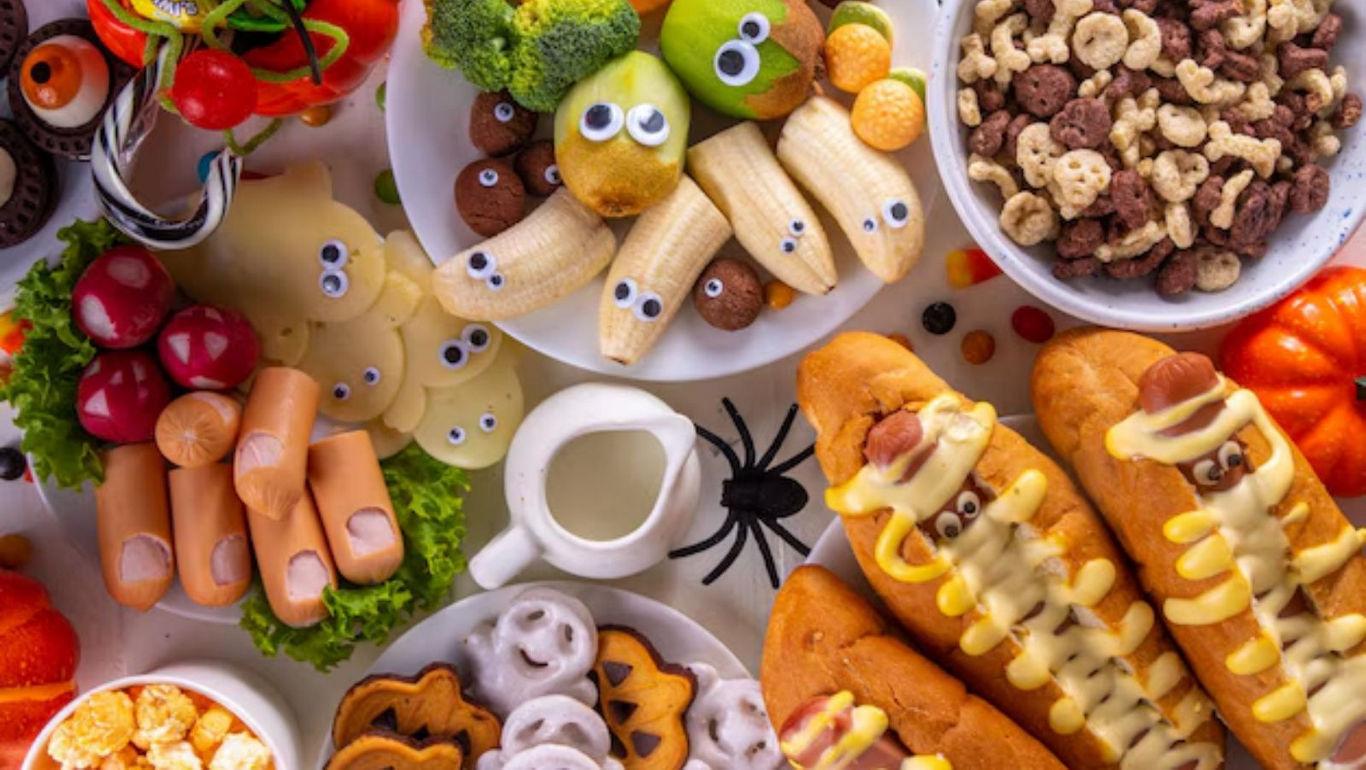 Halloween-themed snacks with creative food designs