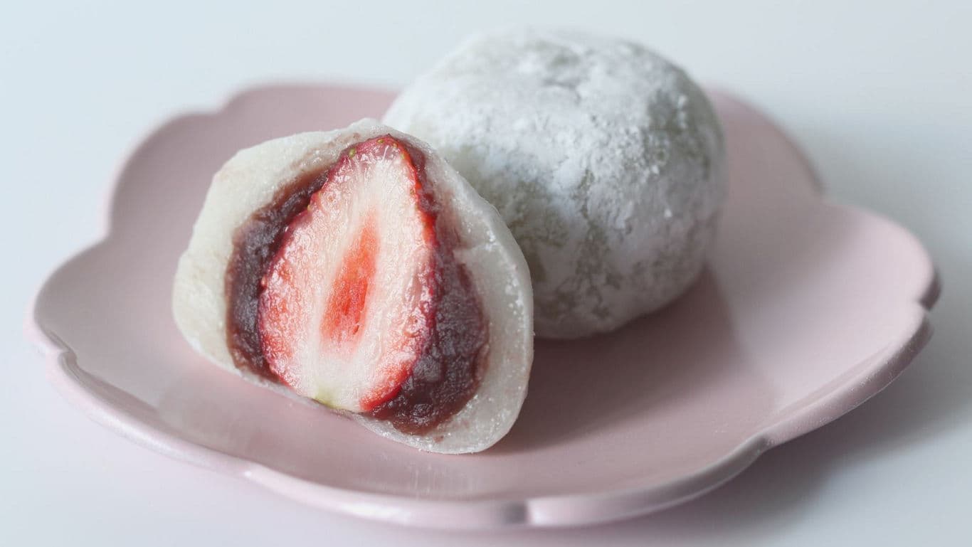 Strawberry Daifuku Mochi on Pink Flower Plate