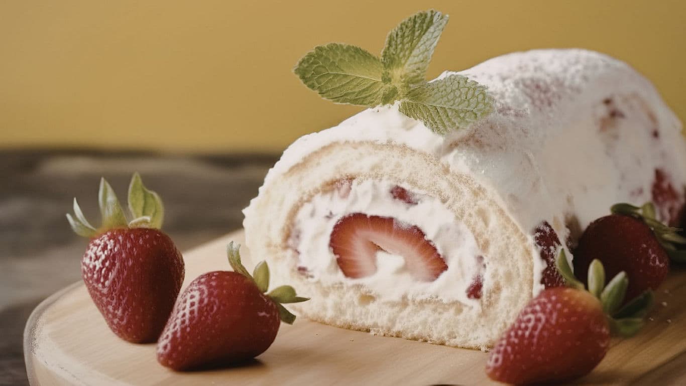 Strawberry Cream Swiss Roll Cake on Wooden Board