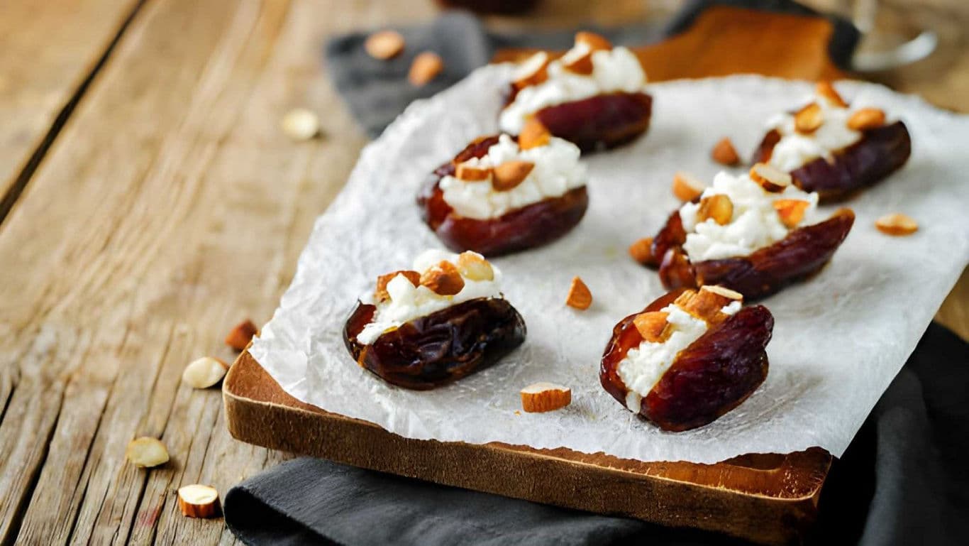 Stuffed dates with cheese and nuts.