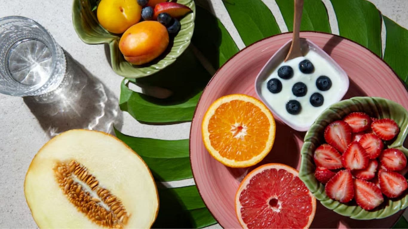 Fresh fruit breakfast with yogurt and citrus slices